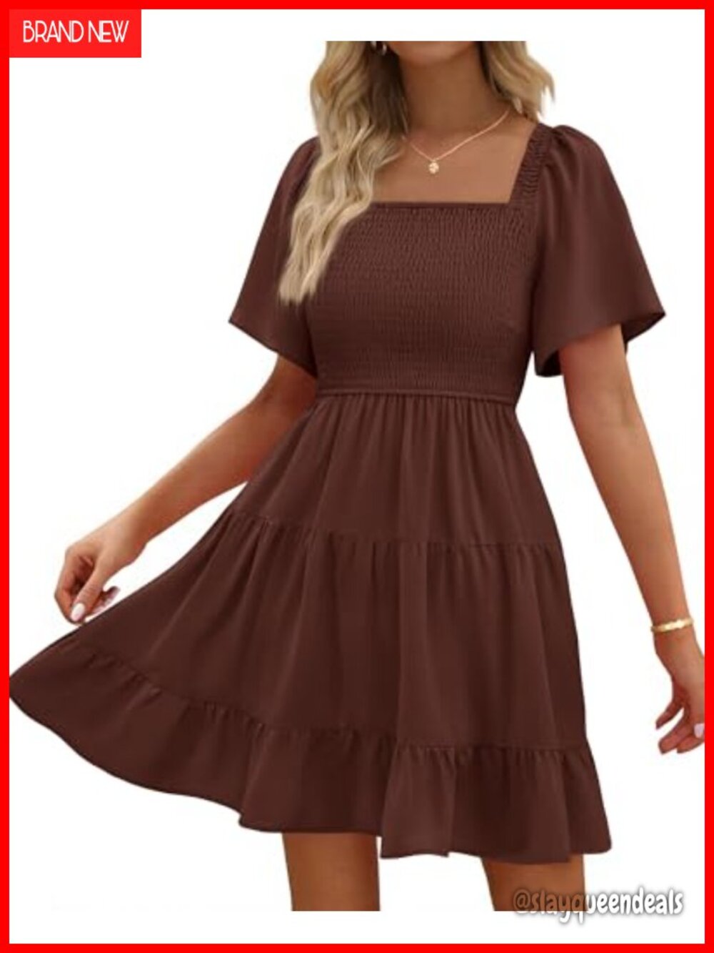 Smocked Mini Dress Square Neck Flutter Sleeve Boho Summer
